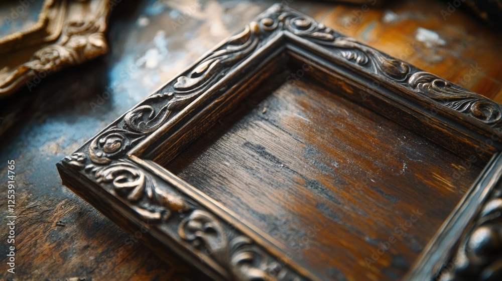 Poster a picture frame sits atop a wooden table, ready for display