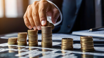 coins on the table and a hand on them which shows the business and finance