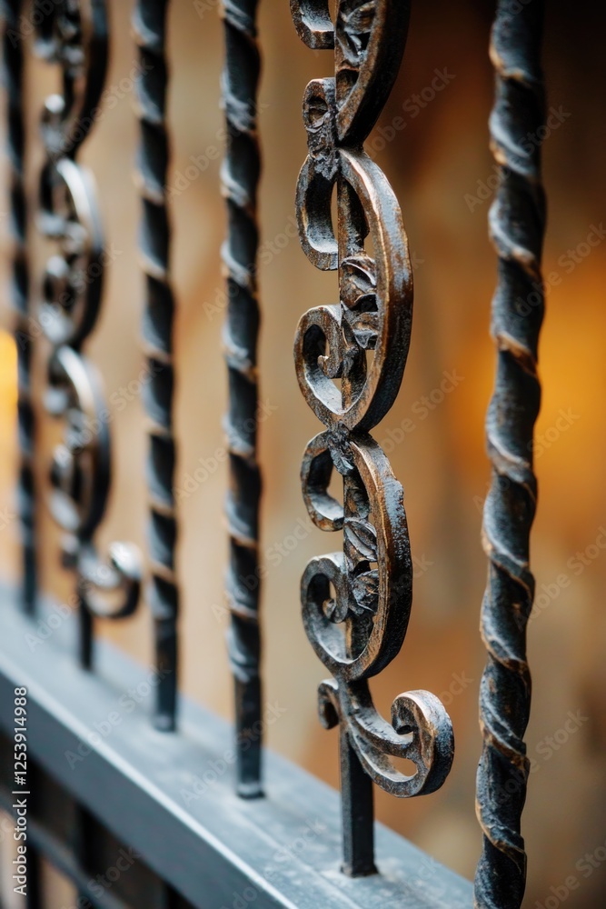 Poster A detailed view of a wrought iron fence with intricate designs and patterns