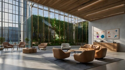"Nature-Integrated AI Study Lounge" – A modern AI-enhanced study space blending nature and technology, featuring smart glass walls, adaptive AI lighting, and biofeedback-driven learning environments.

