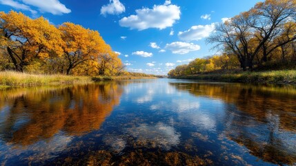 Fototapeta premium Autumn River Reflection - Golden Trees, Clear Water, Blue Sky