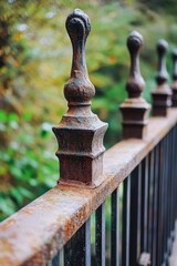 A close-up shot of a metal fence with trees in the background, ideal for use as a border or frame in your design
