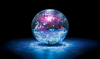 Obraz premium Reflective Disco Ball with Colorful Lights in Dark Background