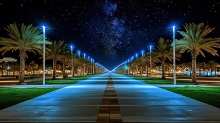 Night Lights and Starry Sky over Palm Tree Lined Promenade
