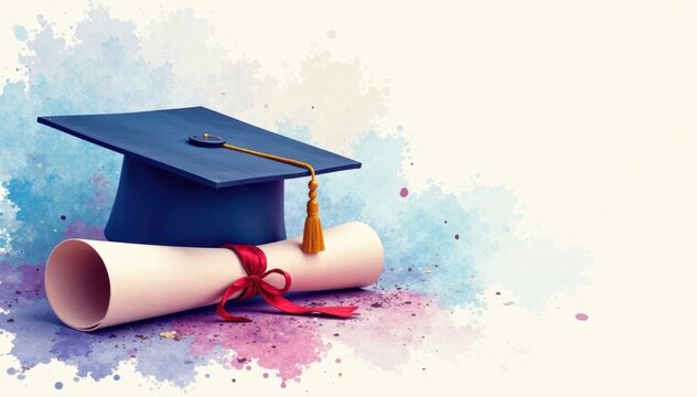 Subtle watercolor wash depicting a graduation scroll and mortarboard , learning, elegant, soft