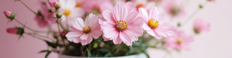 A simple still life featuring a white vase filled with pink flowers sitting on a table