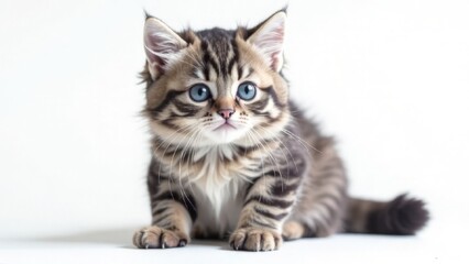 a small gray-tabby fluffy kitten in close-up on a white background