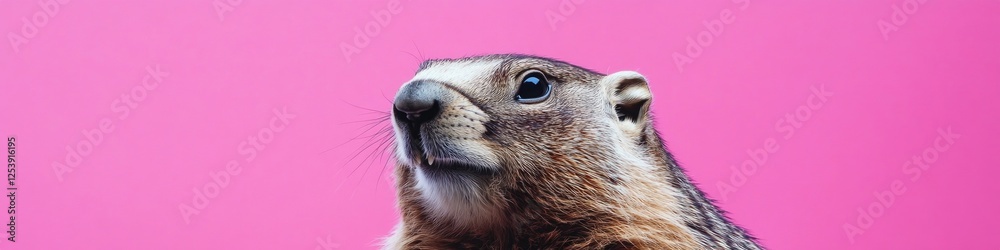Poster a close-up view of a ground squirrel on a pink background