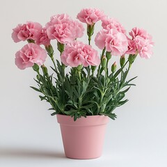 Potted pink carnations a white background bright and fresh clean and vibrant green leaves