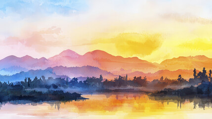 Fototapeta premium Breathtaking sunset landscape with mountains and calm water reflections