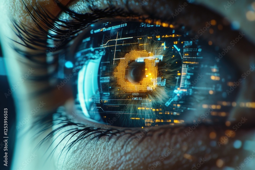 Poster a detailed view of an eye with a circuit pattern visible in the iris
