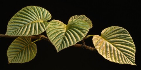A detailed view of a leaf on a branch with veins and edges visible