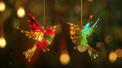 glass hummingbirds with glowing red and green wings flying among christmas bokeh lights