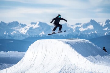 A person rides a snowboard down a snowy mountain, an action-packed winter scene