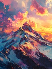 Low-poly mountain landscape with holi powder clouds