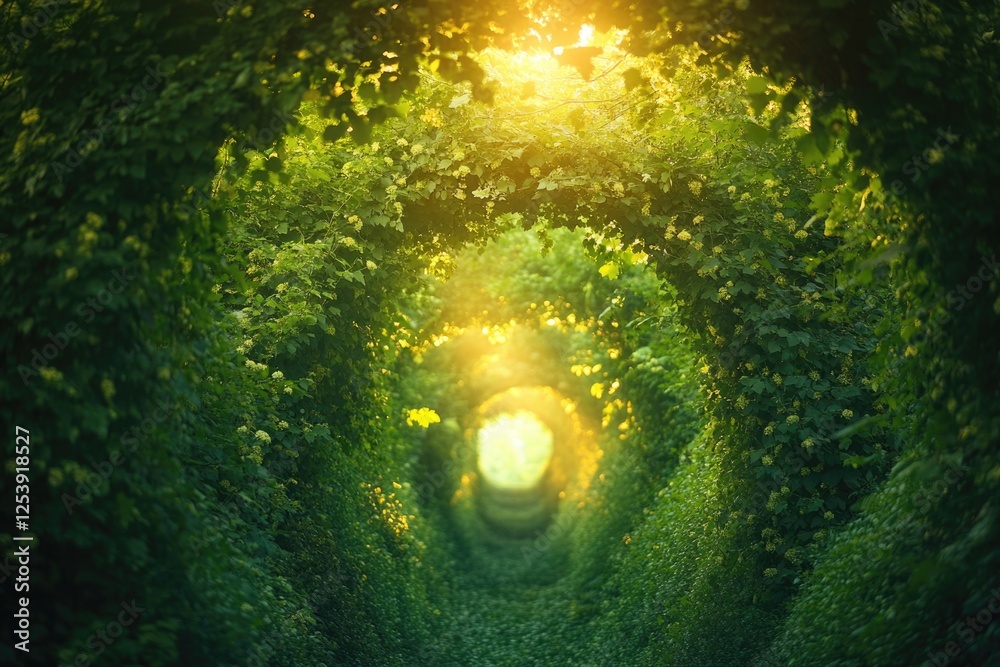 Poster a natural scene of a tunnel of trees with sunlight shining through, great for environmental and outd