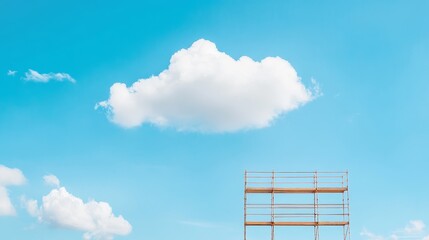 Construction scaffolding against a bright blue sky with fluffy clouds, symbolizing progress and building, framed by a serene atmospheric background