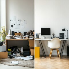 Cluttered workspace contrasts with organized office environment showcasing the impact of tidiness on productivity. Generative AI