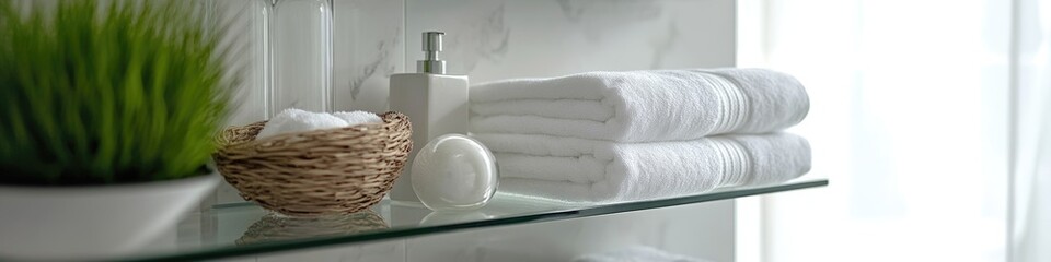 Fototapeta premium A decorative glass shelf filled with towels and a wicker basket