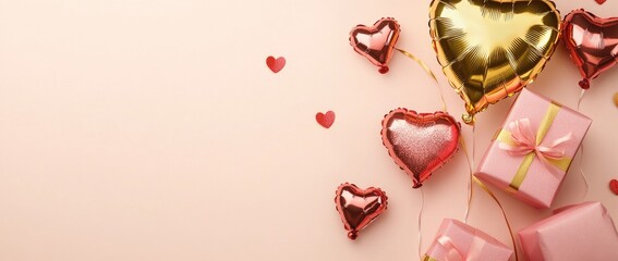 Elegant Valentine’s Day banner with gold and pink heart-shaped balloons and gift boxes on a soft pastel background. Perfect for romantic promotions and ads