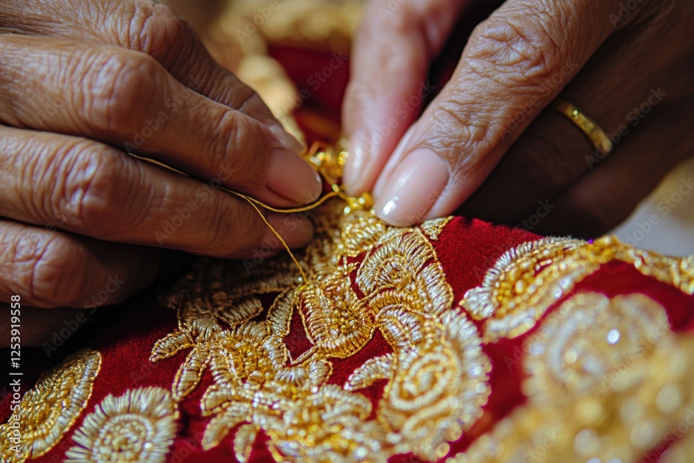 Poster close-up shot of someone working on a piece of fabric with needle and thread