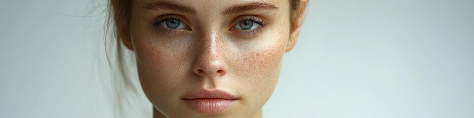 Fototapeta premium Close-up portrait of a woman with distinctive freckles, suitable for beauty or lifestyle use
