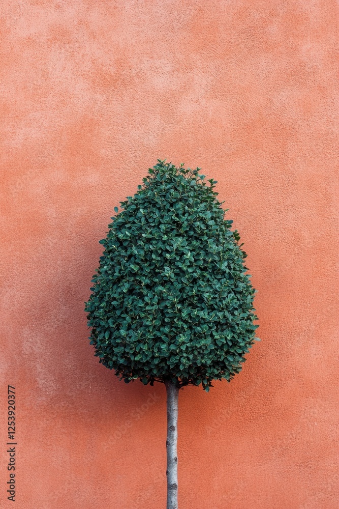 Poster A small green tree is placed in front of a bright red wall, making for a unique and visually appealing scene