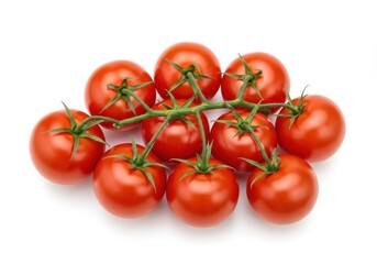 A cluster of red cherry tomatoes attached to a green vine isolated on white background