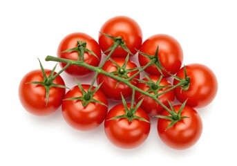 A cluster of red cherry tomatoes attached to a green vine isolated on white background