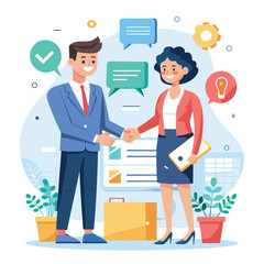 People shaking hands at work - Two businesspeople, man and woman doing handshake in office at work while smiling over business agreement and deal. Flat design stock illustration on white background