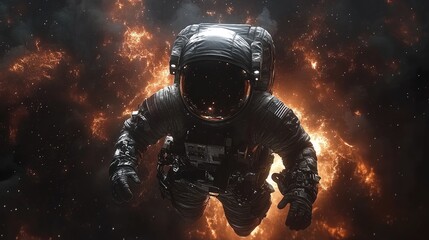 Fototapeta premium An astronaut floats in space, surrounded by fiery cosmic elements.