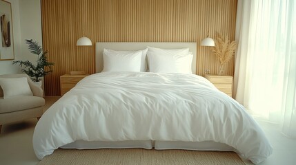 Serene Minimalist Bedroom Interior Design: White Bedding, Wooden Walls, Natural Light