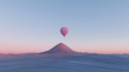 Pink hot air balloon over desert hill at sunset. Travel, adventure concept