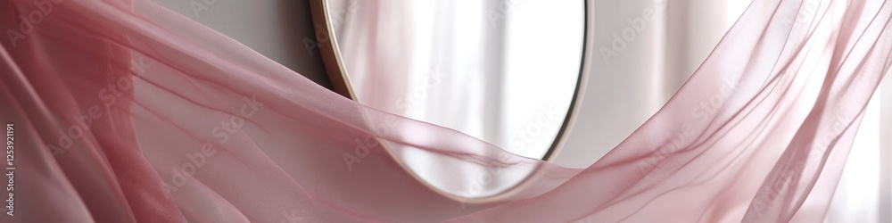 Poster a close-up shot of a mirror with a pink curtain in the background