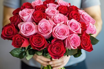 A person holds a colorful bouquet of red and pink roses, ready to give as a gift