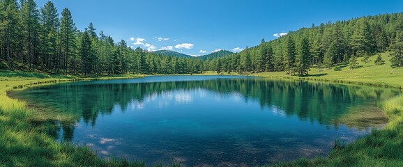 Fototapeta premium Calm mountain lake reflecting trees, sunny sky. Nature background