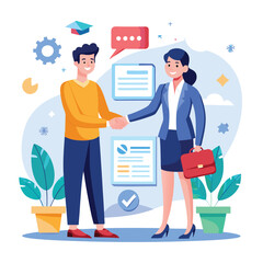 People shaking hands at work - Two businesspeople, man and woman doing handshake in office at work while smiling over business agreement and deal. Flat design stock illustration on white background