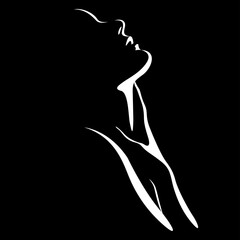 Vector black and white illustration of beautiful female face and body formed by shadow. Woman sensually touching her neck and chest with hand. Female ecstasy, sensuality, pleasure, satisfaction.