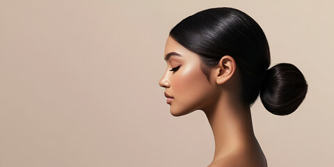 Portrait of a woman with a sleek bun hairstyle and glowing skin, Side profile of a beautiful woman with smooth skin and elegant hairstyle
