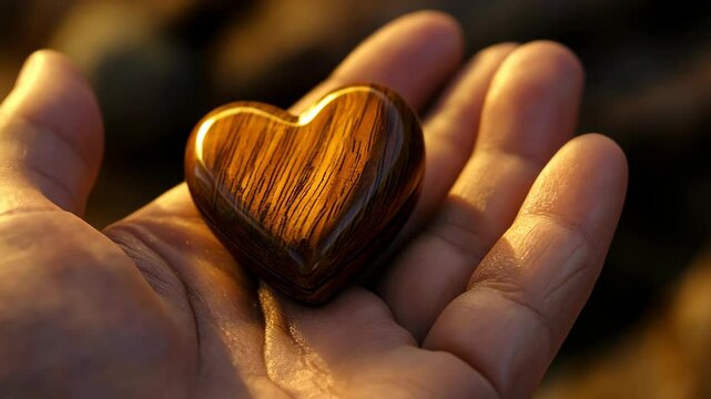 Holding a wooden heart shaped stone in a hand during sunset on a serene beach