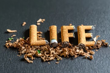 This image creatively illustrates the word 'LIFE' using cigarette butts and tobacco, symbolizing a stark contrast between life and addiction. It provokes thought on health and choices.