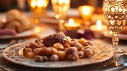 Naklejka premium Ramadan Background. dining table. Design creative concept of islamic celebration day ramadan kareem or eid al fitr adha, copy space text area, 3D illustration.