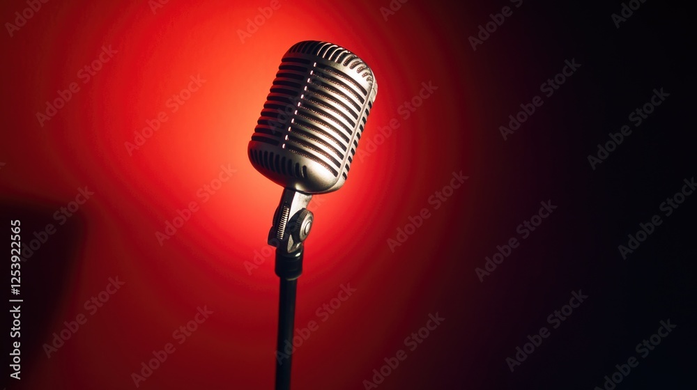 Poster a microphone with a bright red light in the background, perfect for music or podcast use
