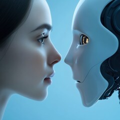 human and robot faces looking at each other.