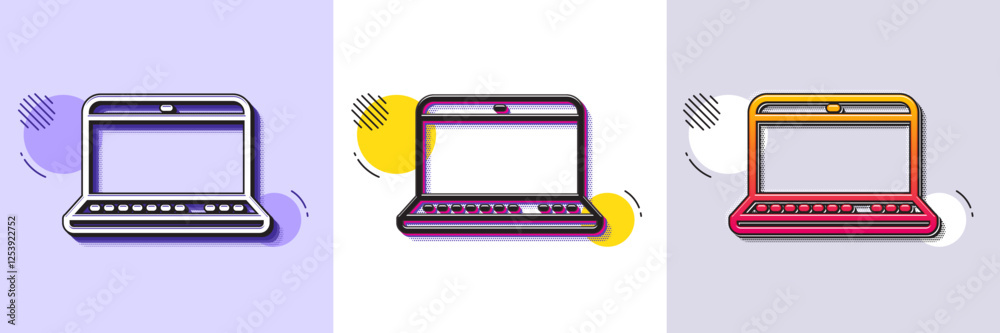 Poster laptop computer icon. halftone dotted pattern. gradient icon with grain shadow. notebook sign. porta