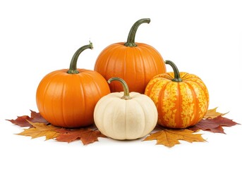 Fototapeta premium A composition of orange, white and patterned pumpkins surrounded by autumn leaves isolated on white background