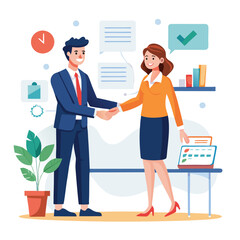 Obraz premium People shaking hands at work - Two businesspeople, man and woman doing handshake in office at work while smiling over business agreement and deal. Flat design stock illustration on white background