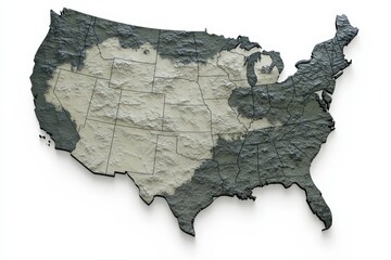 A topographic map of the United States rendered in muted tones, showcasing the diverse geography and landscape features in a visually appealing format.