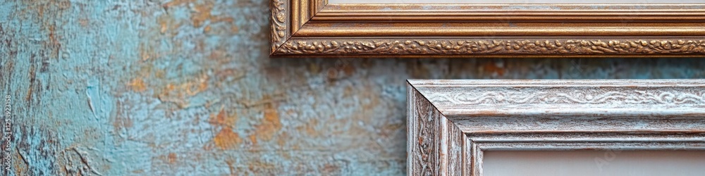 Poster a close-up view of a picture frame hanging on a wall, with intricate details and textures