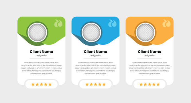 Client testimonial or feedback web ui card design with star rating and image placeholder